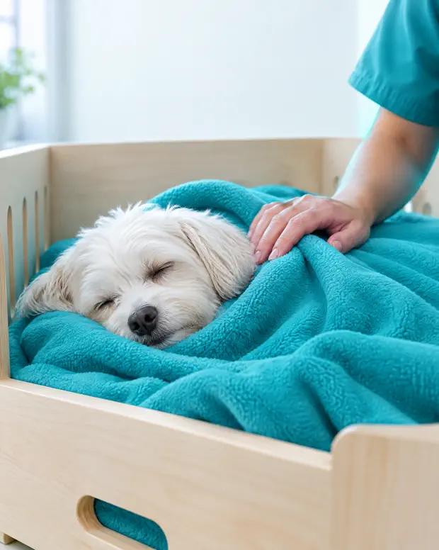Cachorrinho branco dormindo enrolado num cobertor teal dentro da baia de recuperação