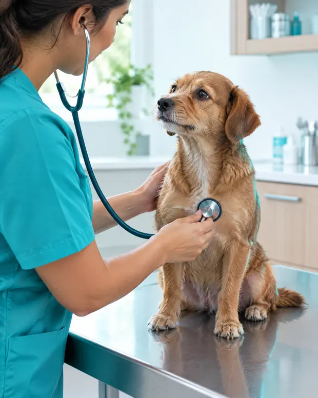 Veterinária de pijama cirúrgico teal auscultando um cachorro pequeno na mesa de inox