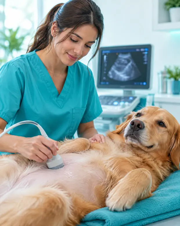 Veterinário passando a sonda de ultrassom na barriga de um golden retriever deitado