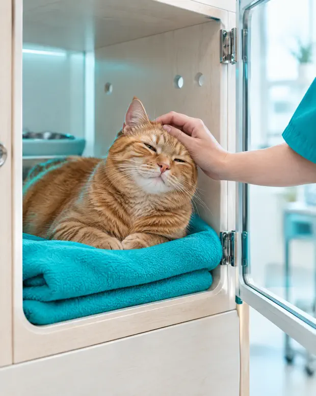 Gato laranja descansando num cobertor teal enquanto uma mão em manga teal faz carinho
