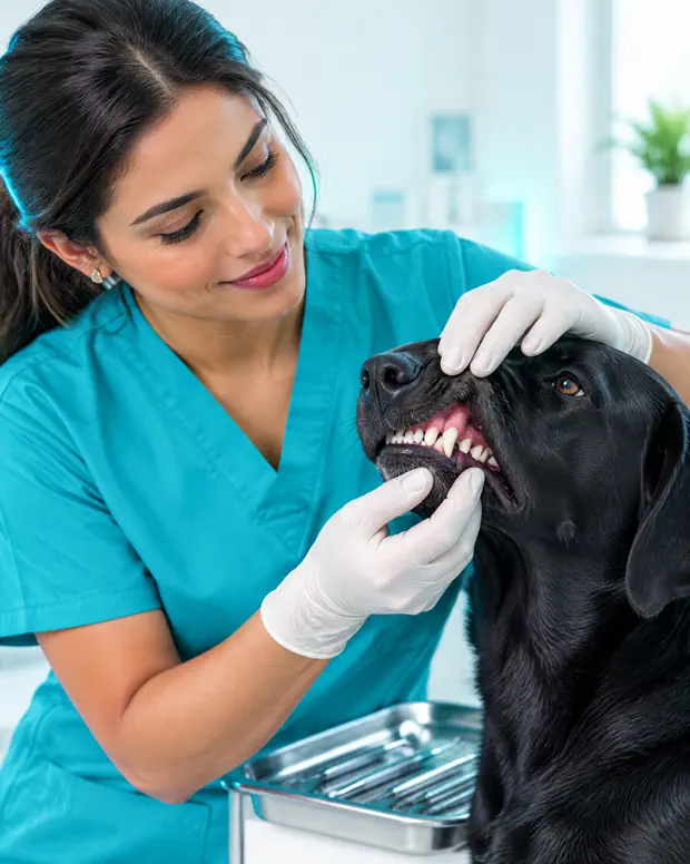 Veterinário levantando o lábio de um labrador preto para mostrar os dentes limpos
