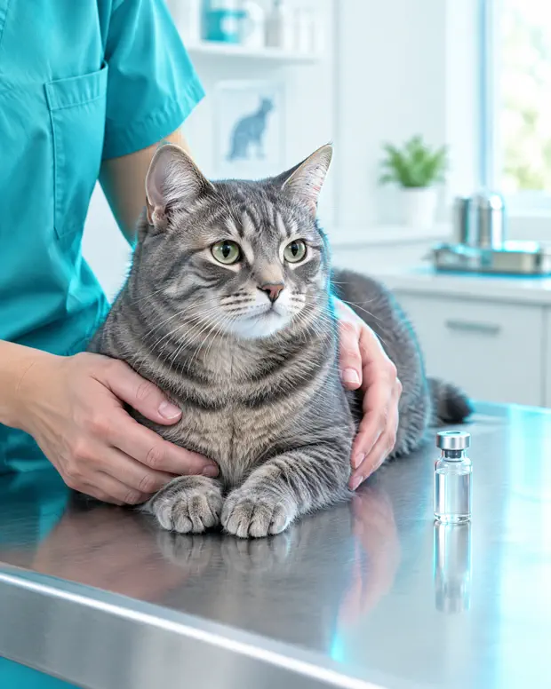 Mãos em manga teal segurando um gato rajado ao lado de um frasco de vacina fechado