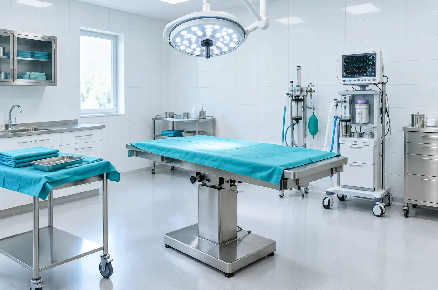 Centro cirúrgico com mesa de inox, foco cirúrgico e monitor