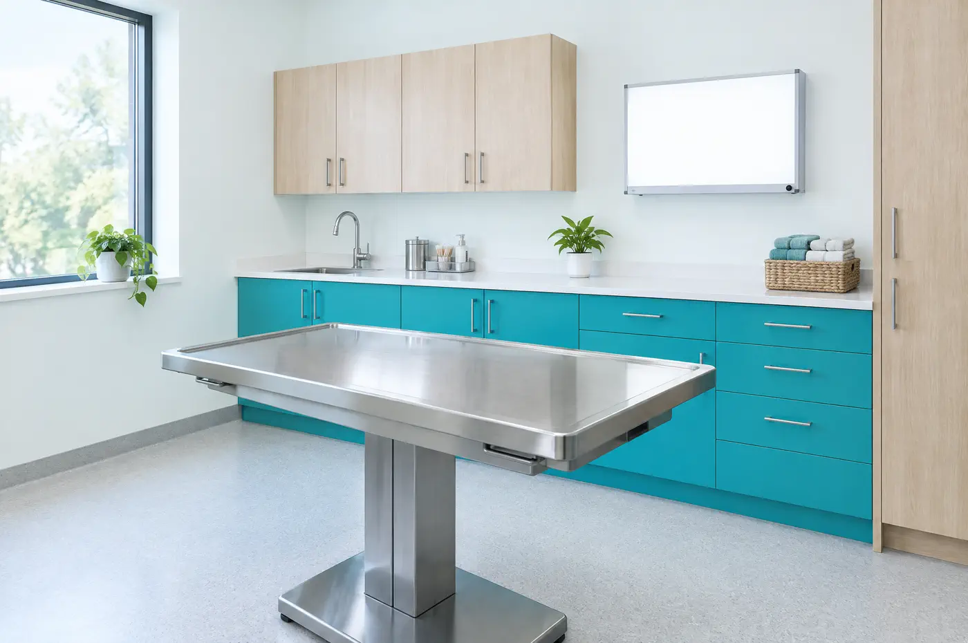 Consultório com mesa de inox e armários teal