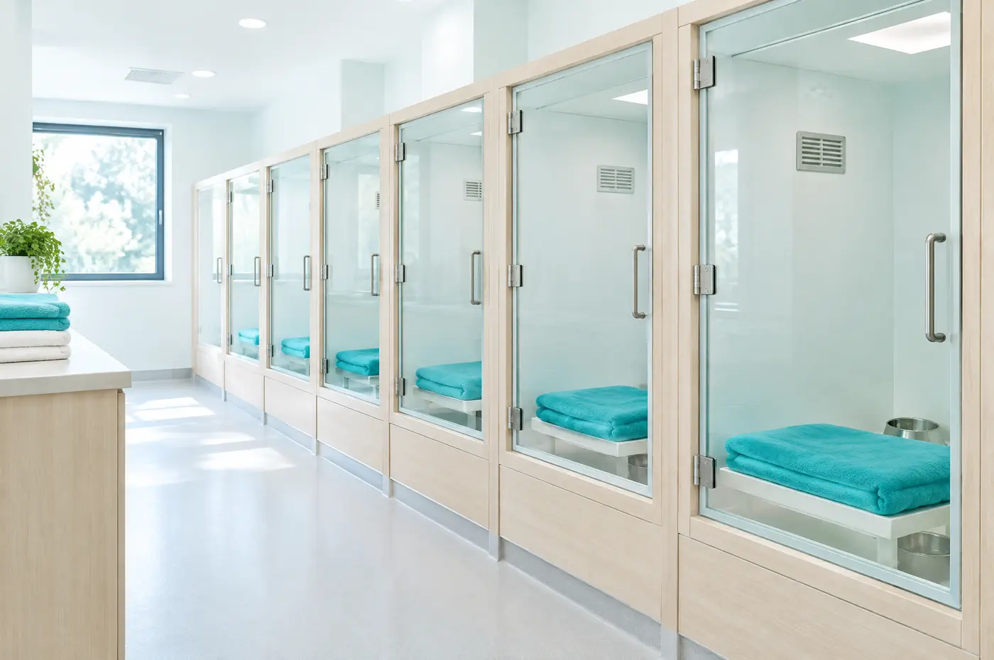 Baias de internação individuais com portas de vidro e cobertores teal