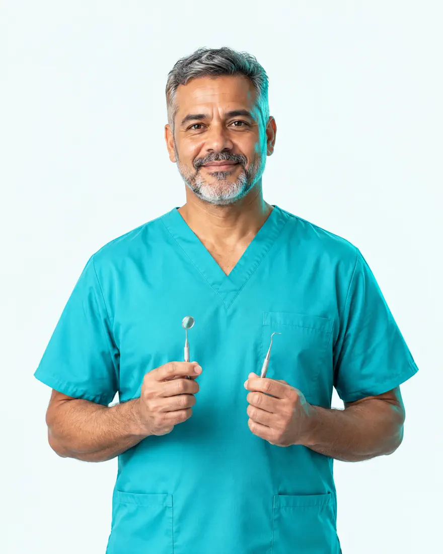 Dr. Otto Seixo, de pijama cirúrgico teal, segurando instrumentos odontológicos